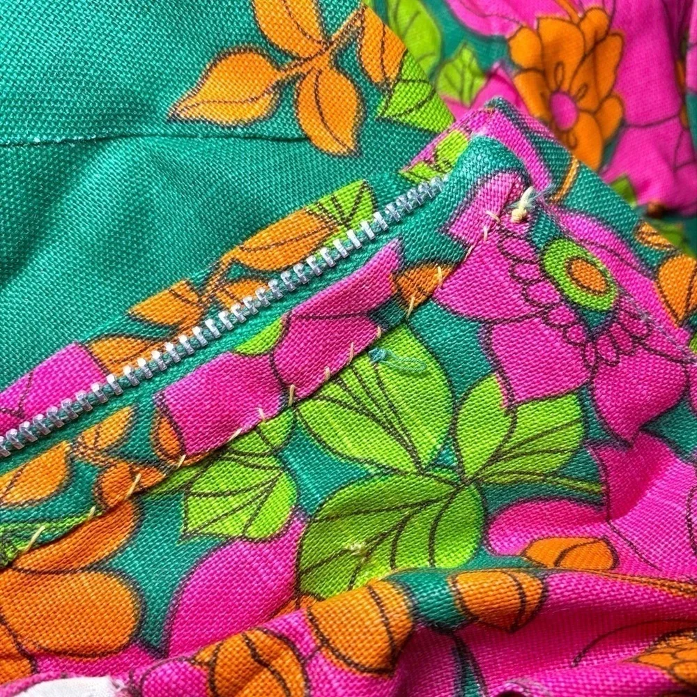Lee Holliday Kelly Green, Pink, Orange, & Green Floral Print Midi Shift Dress